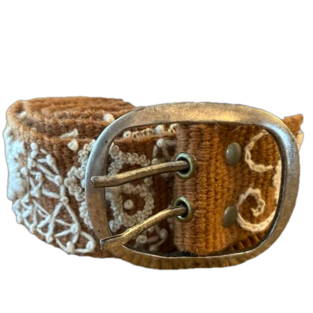 Jenny Krauss Two Tone Embroidered Wool Belt in Camel and white size Large Boho